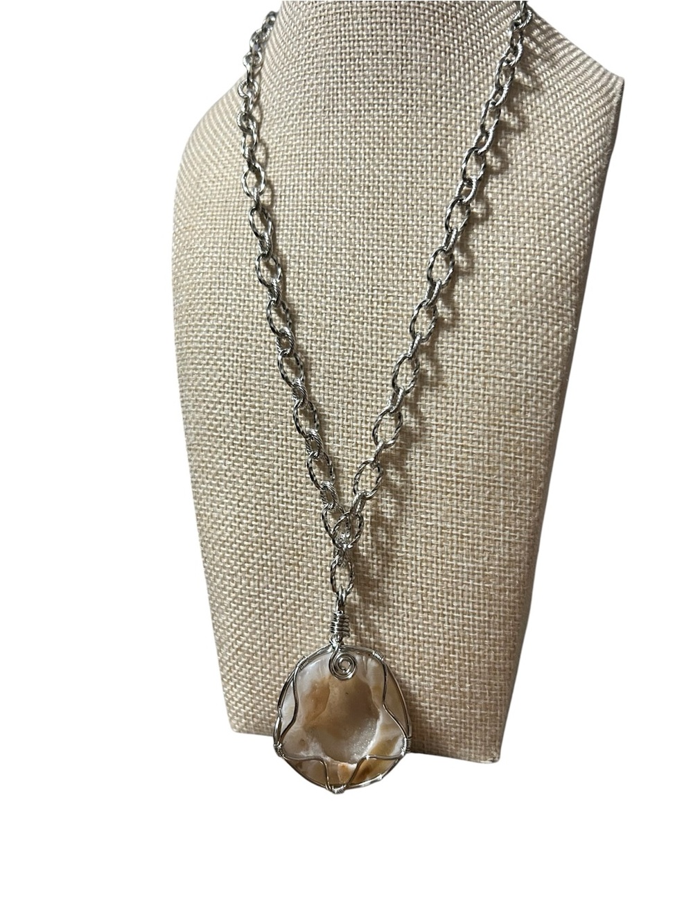 Silver Chain Necklace with Beige Agate druzy wire wrapped Pendant